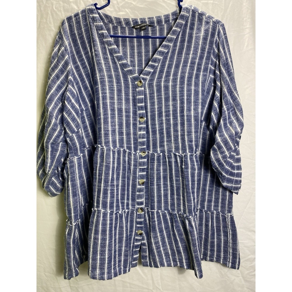 Coastal Striped Babydoll Club Z Collection Womens Shirt Rayon 2X‎ Gray White
